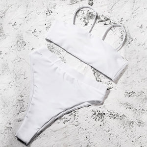 Solid White Padded Bra Push Up High Waist Bikini