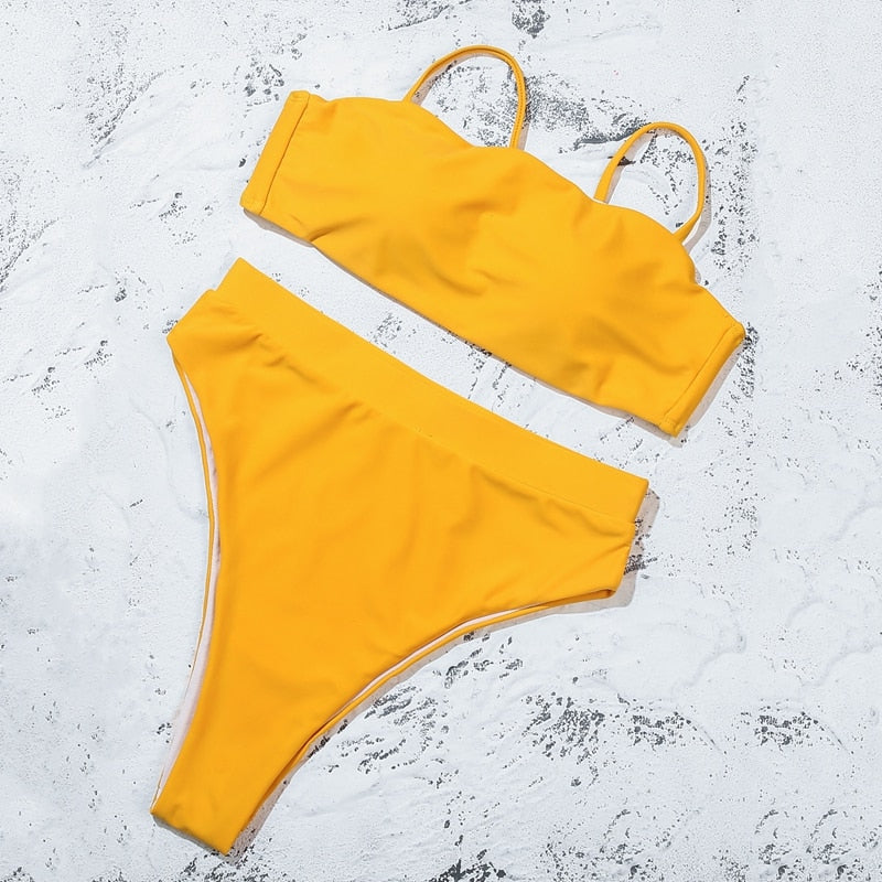 Solid Yellow Padded Bra Push Up High Waist Bikini