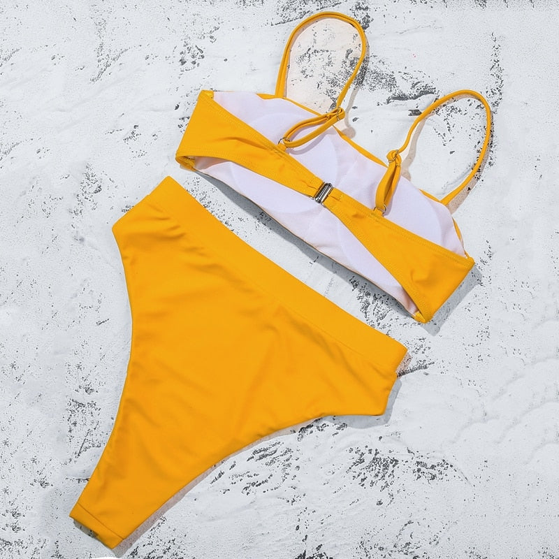 Solid Yellow Padded Bra Push Up High Waist Bikini