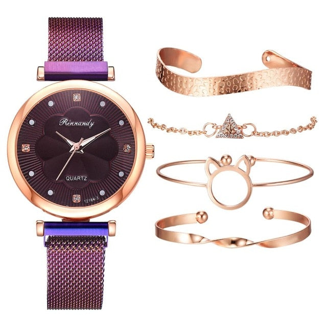 Flower Rhinestone Quartz Watch Bracelet Set