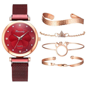 Flower Rhinestone Quartz Watch Bracelet Set