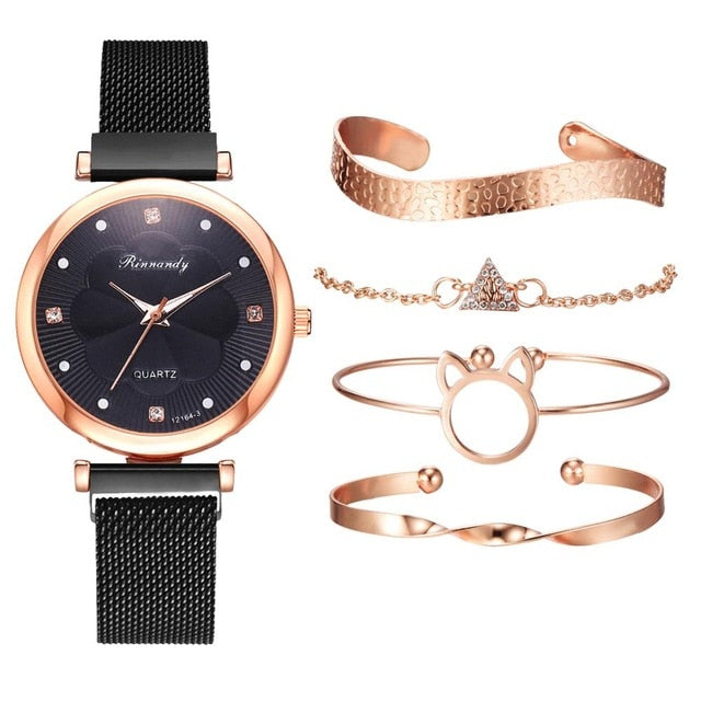 Flower Rhinestone Quartz Watch Bracelet Set