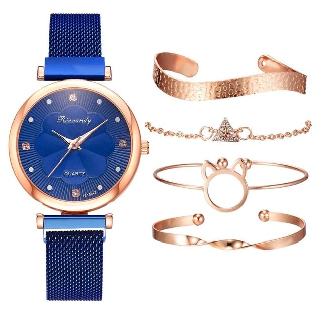 Flower Rhinestone Quartz Watch Bracelet Set
