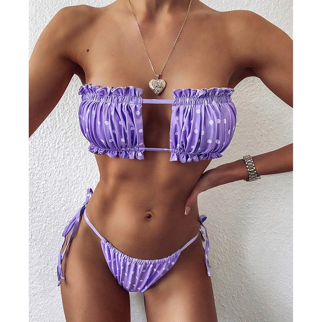 Pleated Bandeau Mini Thong Swimsuit