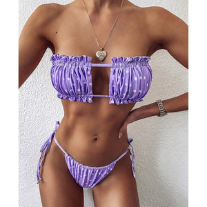 Pleated Bandeau Mini Thong Swimsuit