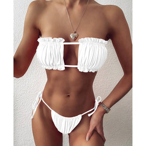 Pleated Bandeau Mini Thong Swimsuit