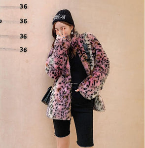 Pink Shaggy Faux Fur Leopard Coat