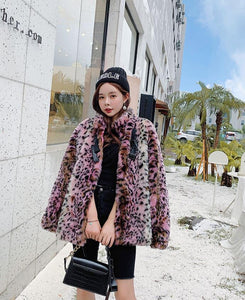 Pink Shaggy Faux Fur Leopard Coat