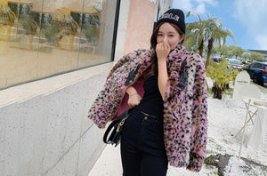 Pink Shaggy Faux Fur Leopard Coat