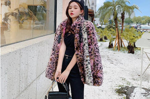 Pink Shaggy Faux Fur Leopard Coat