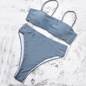 Gray Blue Padded Bra Push Up High Waist Bikini