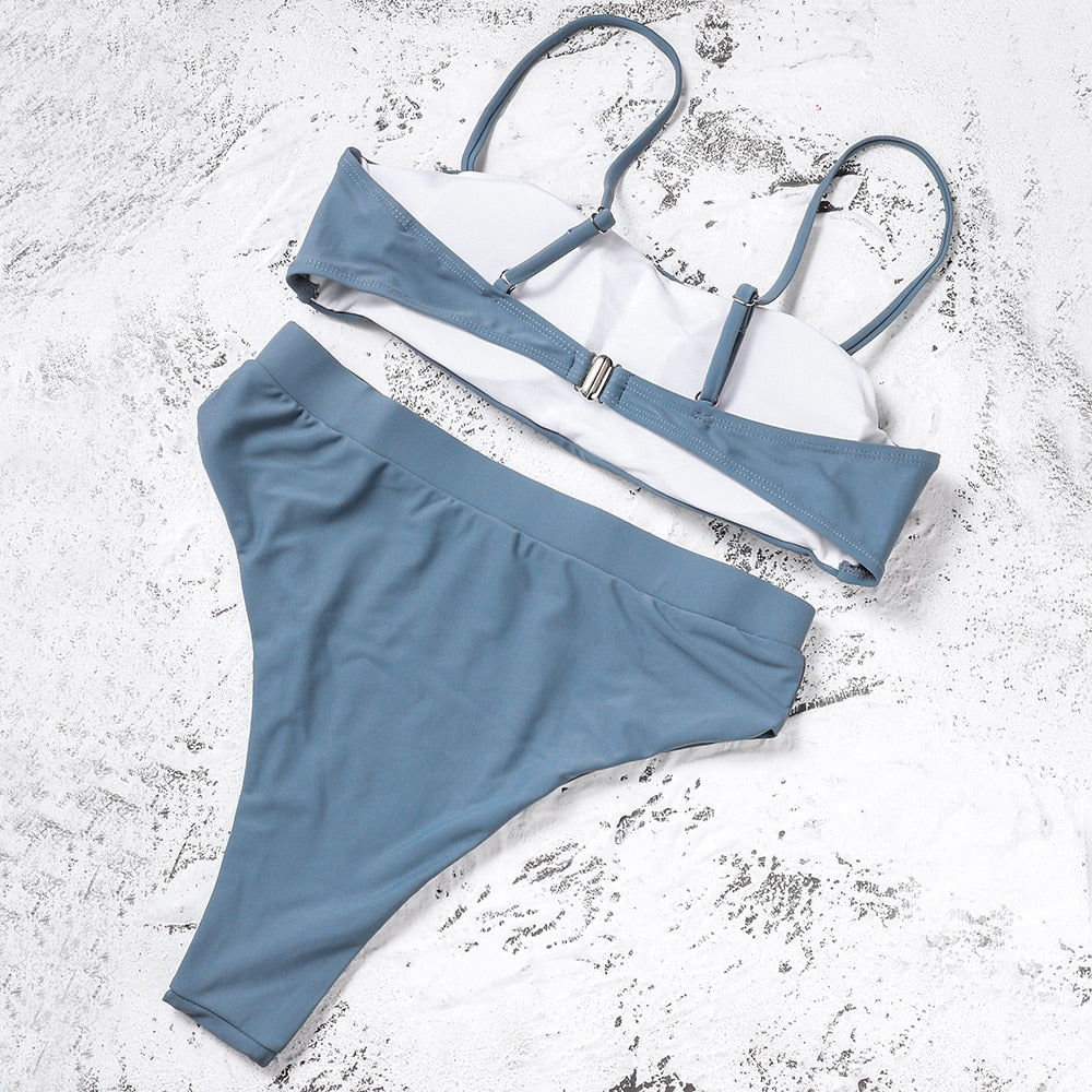 Gray Blue Padded Bra Push Up High Waist Bikini