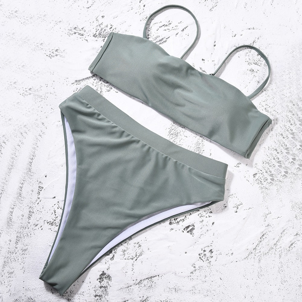 Solid Green Padded Bra Push Up High Waist Bikini