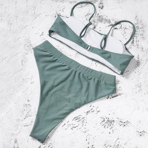 Solid Green Padded Bra Push Up High Waist Bikini