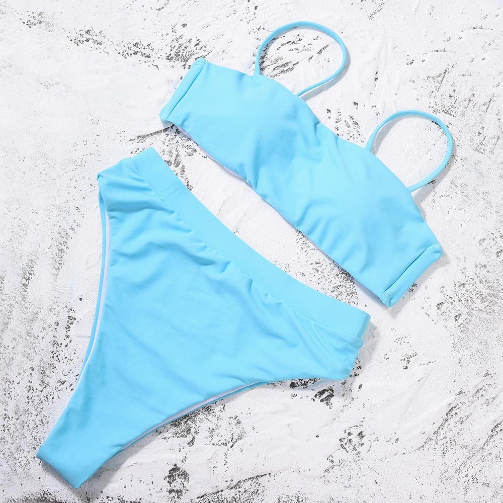 Solid Light Blue Padded Bra Push Up High Waist Bikini