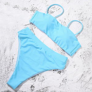 Solid Light Blue Padded Bra Push Up High Waist Bikini