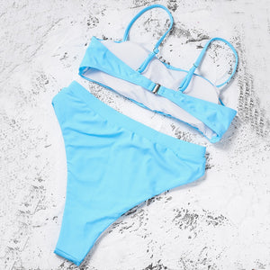 Solid Light Blue Padded Bra Push Up High Waist Bikini