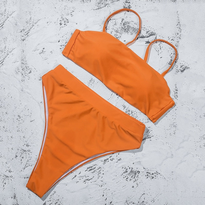 Solid Brown Padded Bra Push Up High Waist Bikini