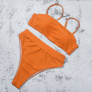 Solid Brown Padded Bra Push Up High Waist Bikini