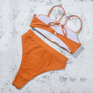 Solid Brown Padded Bra Push Up High Waist Bikini