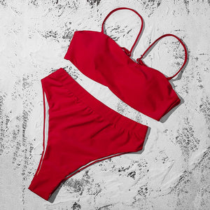 Solid Red Padded Bra Push Up High Waist Bikini