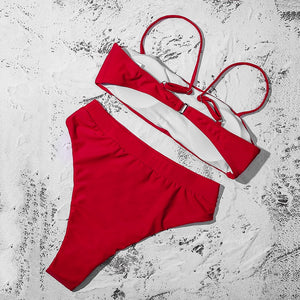 Solid Red Padded Bra Push Up High Waist Bikini