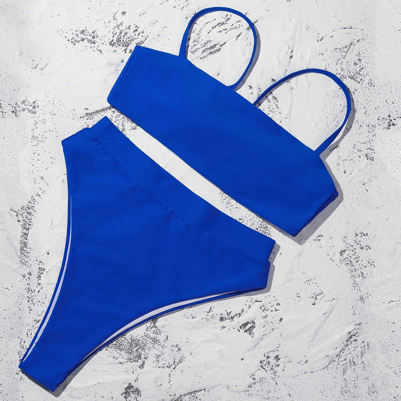 Solid Blue Padded Bra Push Up High Waist Bikini