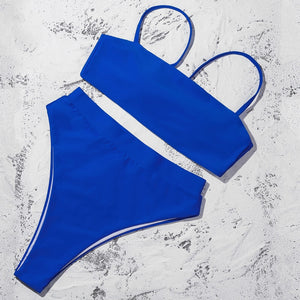 Solid Blue Padded Bra Push Up High Waist Bikini