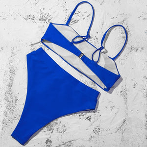 Solid Blue Padded Bra Push Up High Waist Bikini