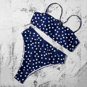 Blue with White Polka Dots Padded Bra Push Up High Waist Bikini
