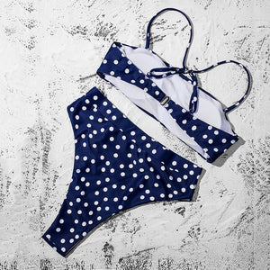 Blue with White Polka Dots Padded Bra Push Up High Waist Bikini