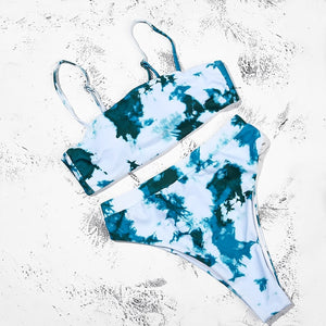 Green Tie-Dye Padded Bra Push Up High Waist Bikini