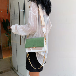 Scrub Leather Contrast Color Crossbody Chain Bag