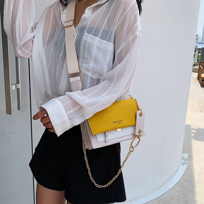 Scrub Leather Contrast Color Crossbody Chain Bag
