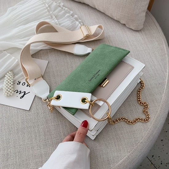 Scrub Leather Contrast Color Crossbody Chain Bag