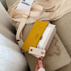 Scrub Leather Contrast Color Crossbody Chain Bag